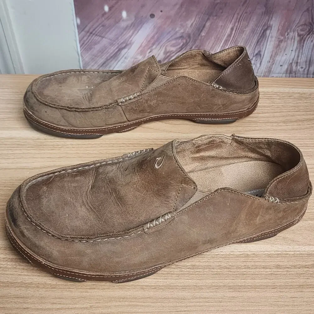 OluKai Moloa Leather Slip On Loafers Ray Toffee Mens Size 13 Casual Shoes 10128